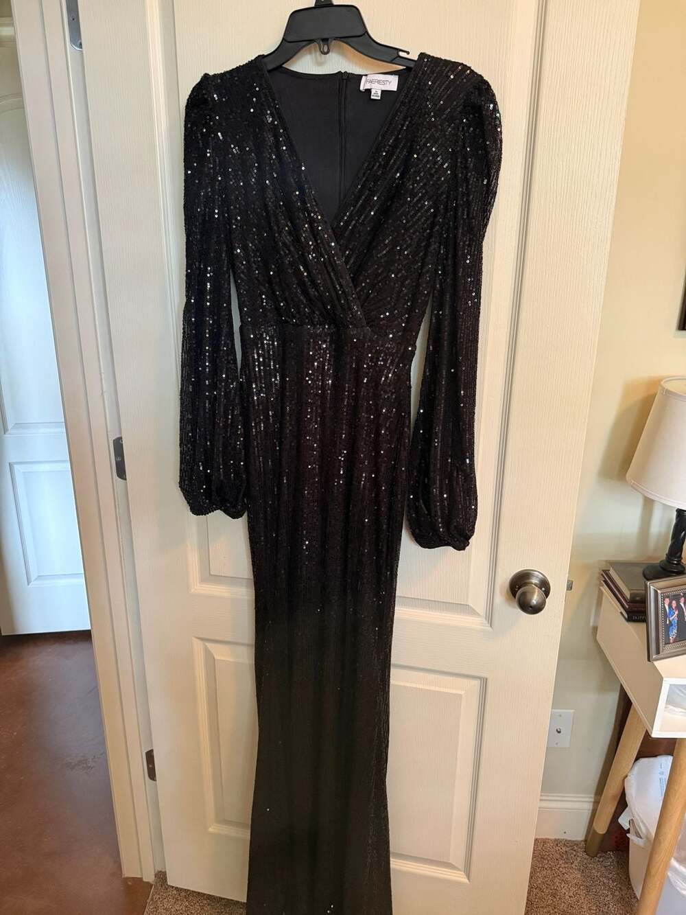 FAERIESTY Black Sequin V-Neck Lantern Sleeve Maxi Dress Size M